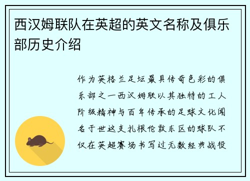 西汉姆联队在英超的英文名称及俱乐部历史介绍